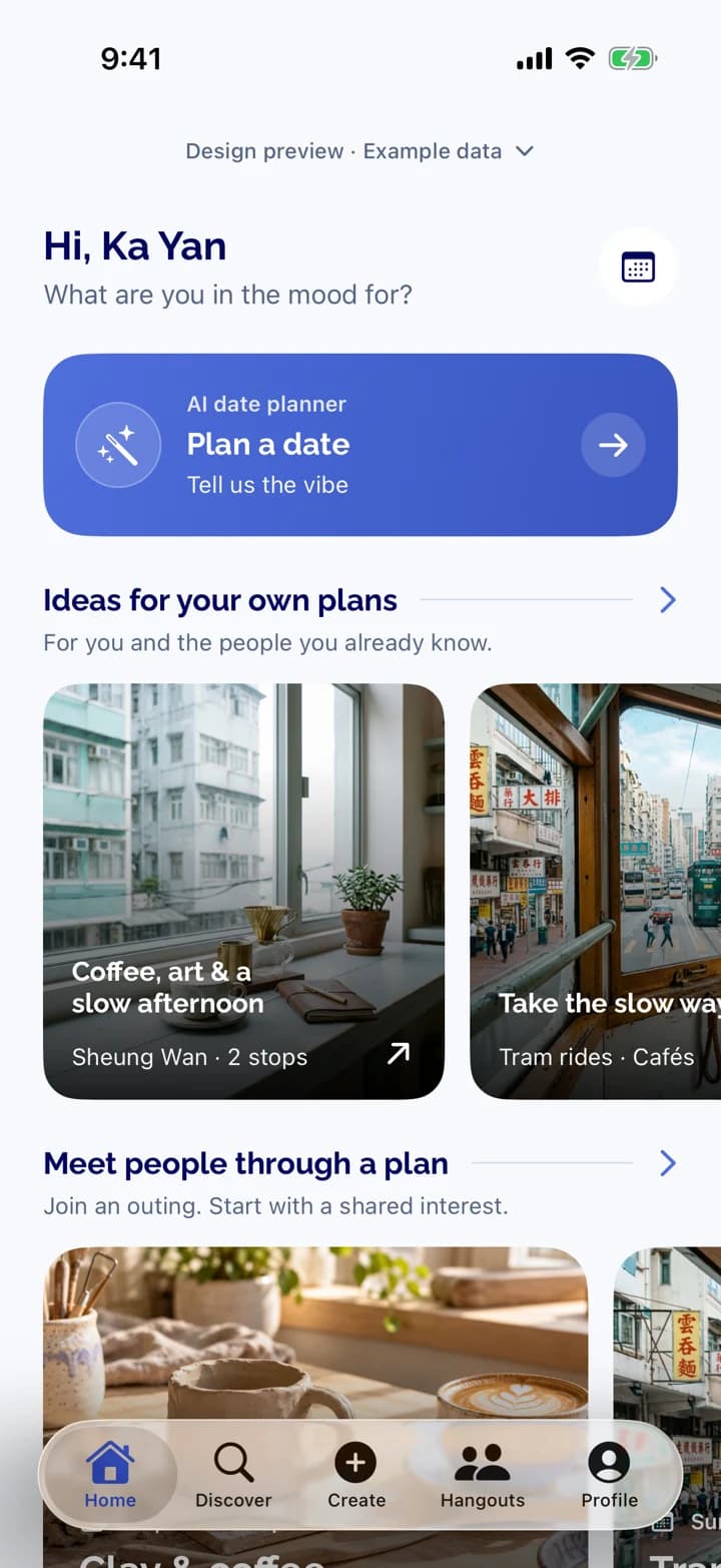 DayDayDate V2 discovery design preview showing private plans and activity-led outings, with example content